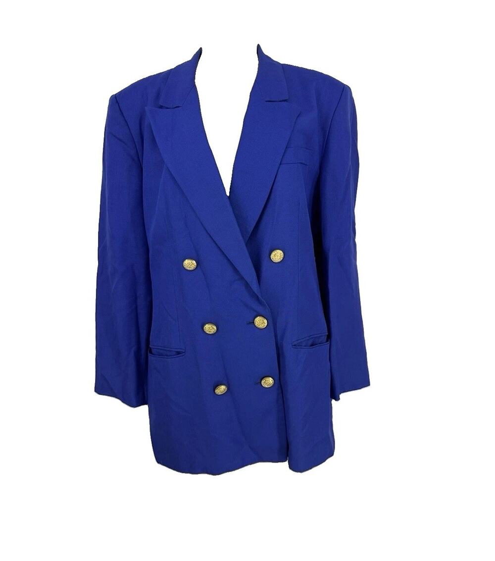 VTG Talbots Size 12 Women Double Breasted Blazer Gold Buttons Blue Classic CLT